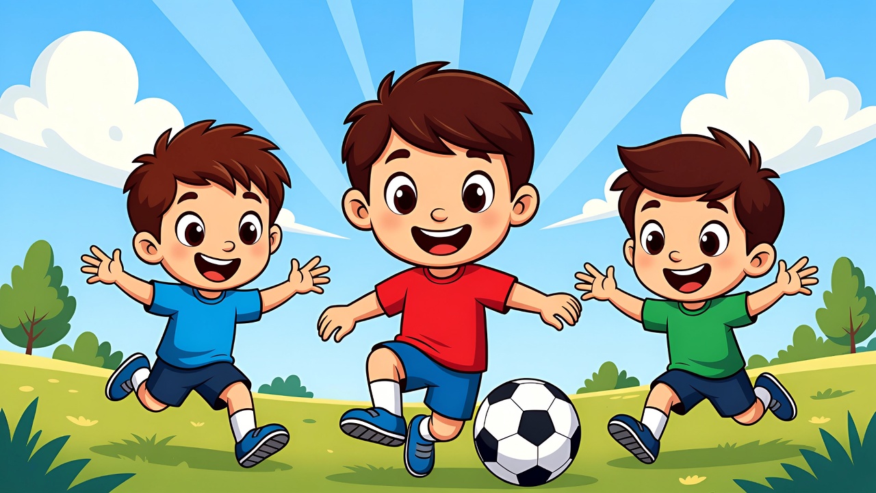 Bambini che giocano a calcio in stile cartoon