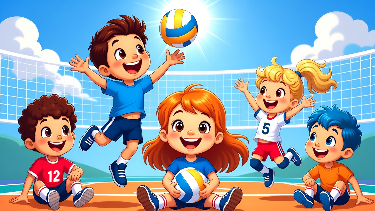 Bambini che giocano a pallavolo in stile cartoon